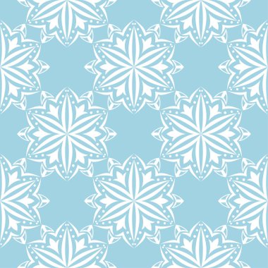 Mavi zemin üzerine beyaz çiçek süsleme. Tekstil ve duvar kağıtları için seamless modeli