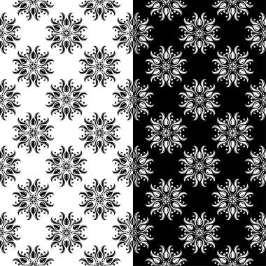 Siyah ve beyaz çiçek arka planlar. Tekstil ve duvar kağıtları için dikişsiz desen seti