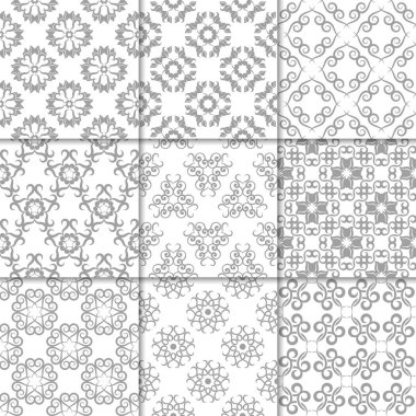 Gri ve beyaz çiçekli süsler. Kağıt için tarafsız Dikişsiz desen koleksiyonu Tekstil