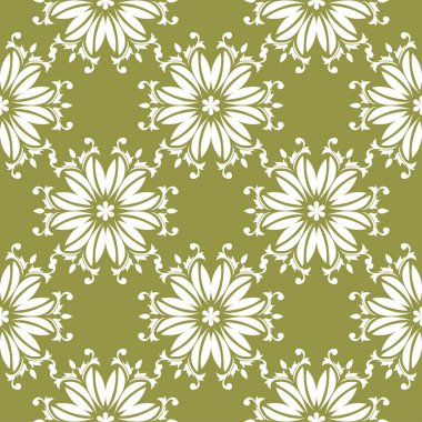 Zeytin yeşil zemin üzerine beyaz çiçekler. Tekstil ve duvar kağıtları için süs seamless modeli