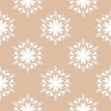 Bej renkli arka plan üzerinde beyaz çiçek süsleme. Tekstil ve duvar kağıtları için seamless modeli