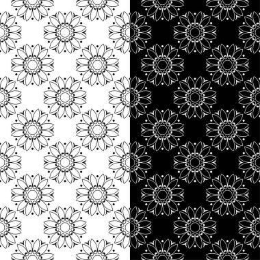 Siyah ve beyaz çiçek arka planlar. Tekstil ve duvar kağıtları için sorunsuz tasarım kümesi