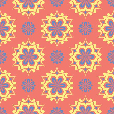 Çiçek tasarım seamless modeli. Duvar kağıtları ve Tekstil için somon kırmızı zemin üzerine parlak sarı ve mavi çiçek öğeleri