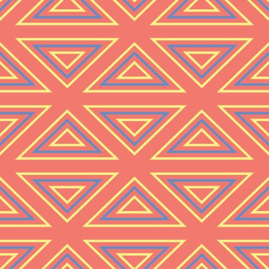 Geometrik seamless modeli. Mavi ve sarı bir tasarıma sahip parlak kırmızı arka plan