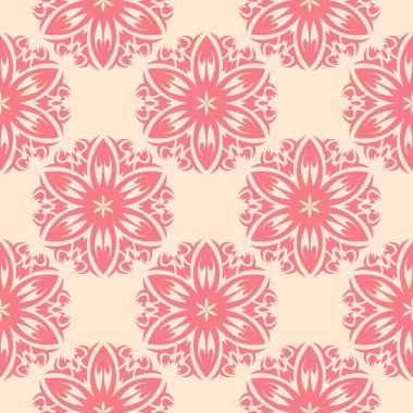 Bej renkli arka plan üzerinde kırmızı çiçekli süs. Tekstil ve duvar kağıtları için seamless modeli