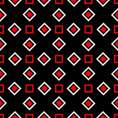 Kesintisiz geometrik siyah arka plan. Kırmızı ve beyaz öğelerle duvar kağıtları, Tekstil ve kumaş için