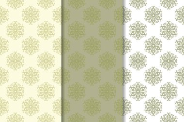 Zeytin yeşili ve beyaz çiçek arka planlar. Tekstil ve duvar kağıtları için dikişsiz desen seti