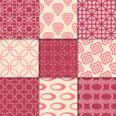 Kiraz kırmızı ve bej geometrik süsler. Web, Tekstil ve duvar kağıtları için dikişsiz desen koleksiyonu