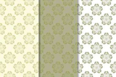 Zeytin yeşili ve beyaz çiçek arka planlar. Tekstil ve duvar kağıtları için dikişsiz desen seti