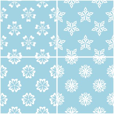 Çiçek desenleri. Mavi ve beyaz sorunsuz arka planlar kümesi. Vektör çizim