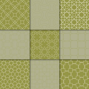 Zeytin yeşili geometrik süsler. Web, Tekstil ve duvar kağıtları için dikişsiz desen koleksiyonu