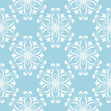 Mavi zemin üzerine beyaz çiçek tasarım. Tekstil ve duvar kağıtları için seamless modeli