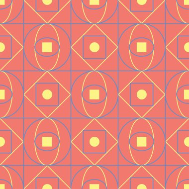 Geometrik seamless modeli. Parlak kırmızı bir arka plan duvar kağıtları, Tekstil ve kumaş için mavi ve sarı tasarımı ile