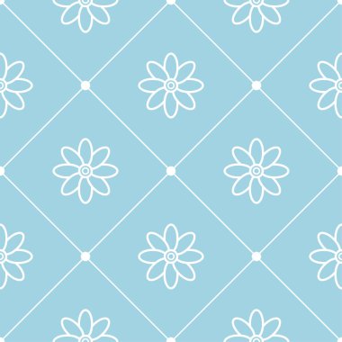 Mavi zemin üzerine beyaz çiçek süsleme. Tekstil ve duvar kağıtları için seamless modeli