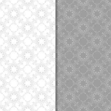 Beyaz ve gri çiçek süs tasarımlar. Tekstil ve duvar kağıtları için dikişsiz desen seti