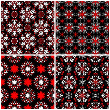 Sorunsuz arka planlar. Siyah beyaz ve kırmızı klasik duvar kağıtları, Tekstil ve kumaş çiçek desenleri ile ayarlar