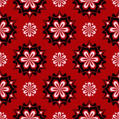 Sorunsuz kırmızı arka plan siyah ve beyaz tasarım öğeleri ile. Desen duvar kağıtları, Tekstil ve kumaş için