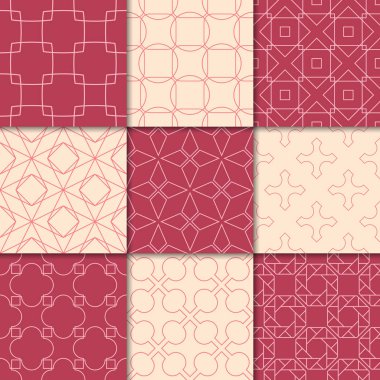 Kiraz kırmızı ve bej geometrik süsler. Web, Tekstil ve duvar kağıtları için dikişsiz desen koleksiyonu