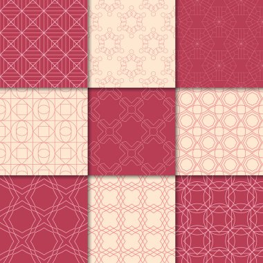 Kiraz kırmızı ve bej geometrik süsler. Web, Tekstil ve duvar kağıtları için dikişsiz desen koleksiyonu