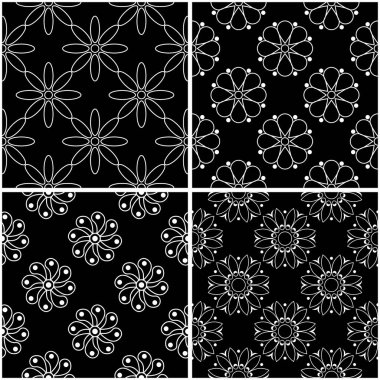 Çiçek desenleri. Siyah beyaz tek renkli kesintisiz arka planlar kümesi. Vektör çizim
