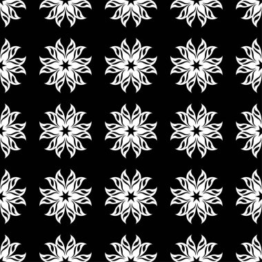 Siyah arka plan üzerine beyaz çiçek süsleme. Tekstil ve duvar kağıtları için seamless modeli