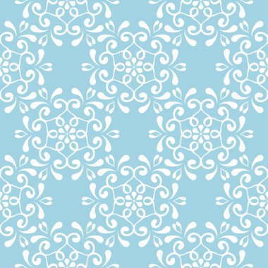 Mavi zemin üzerine beyaz çiçek süsleme. Tekstil ve duvar kağıtları için seamless modeli