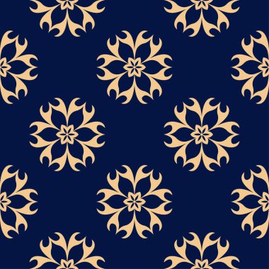 Altın mavi çiçek süsleme. Tekstil ve duvar kağıtları için seamless modeli