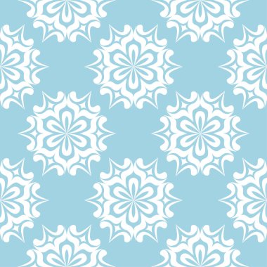 Mavi zemin üzerine beyaz çiçekler. Tekstil ve duvar kağıtları için süs seamless modeli