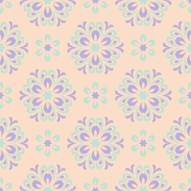 Bej renkli çiçek arka plan. Duvar kağıtları, Tekstil ve kumaş için mor ve mavi elemanları ile Seamless modeli