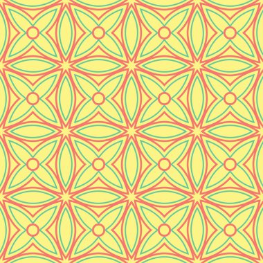 Geometrik seamless modeli. Sarı arka plan duvar kağıtları, Tekstil ve kumaş için pembe ve yeşil tasarım ile