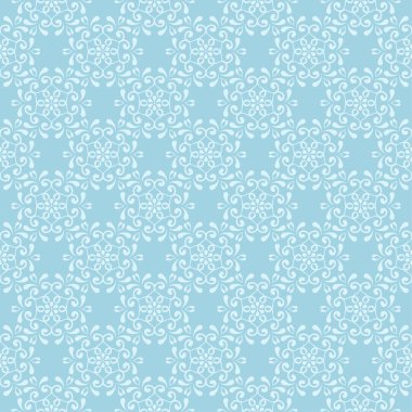 Mavi zemin üzerine beyaz çiçek desenli. Tekstil ve duvar kağıtları için sorunsuz süsleme