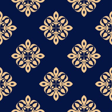 Koyu mavi zemin üzerine altın çiçek süsleme. Tekstil ve duvar kağıtları için seamless modeli