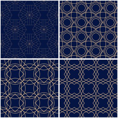 Geometrik desenler. Altın mavi sorunsuz arka planlar kümesi. Vektör çizim
