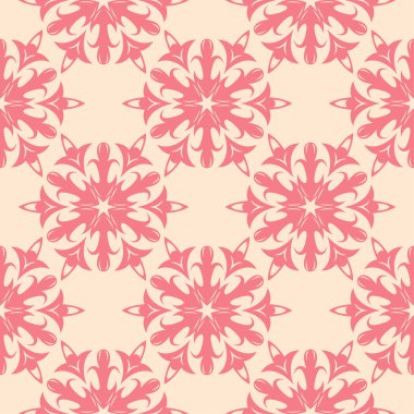 Bej renkli arka plan üzerinde kırmızı çiçekli süs. Tekstil ve duvar kağıtları için seamless modeli