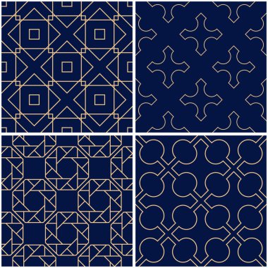 Geometrik desenler. Altın mavi sorunsuz arka planlar kümesi. Vektör çizim