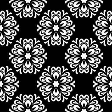 Siyah arka plan üzerine beyaz çiçek süsleme. Tekstil ve duvar kağıtları için seamless modeli