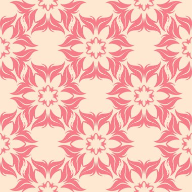 Bej renkli arka plan üzerinde kırmızı çiçekli süs. Tekstil ve duvar kağıtları için seamless modeli