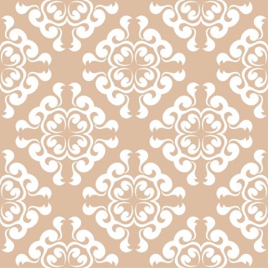 Bej renkli arka plan üzerinde beyaz çiçek süsleme. Tekstil ve duvar kağıtları için seamless modeli