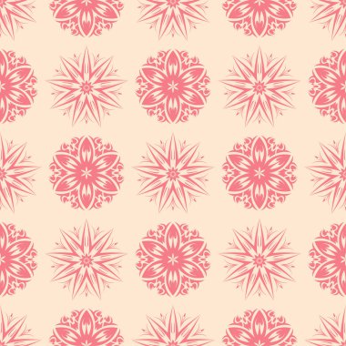 Bej renkli arka plan üzerinde kırmızı çiçekli süs. Tekstil ve duvar kağıtları için seamless modeli