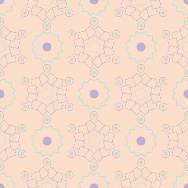 Geometrik çok renkli seamless modeli. Bej renkli arka plan duvar kağıtları, Tekstil ve kumaş için mor ve mavi tasarım öğeleri ile
