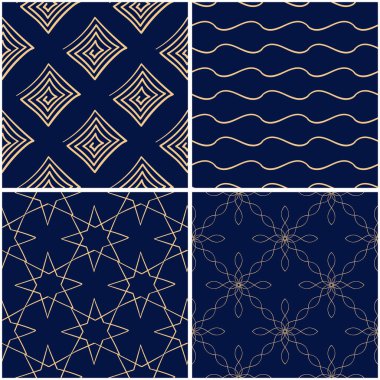 Geometrik desenler. Altın mavi sorunsuz arka planlar kümesi. Vektör çizim