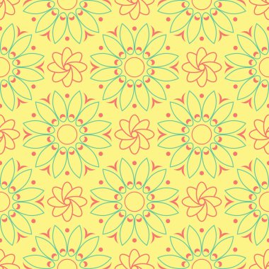 Çiçek tasarım ile Seamless modeli. Parlak sarı arka plan duvar kağıtları, Tekstil ve kumaş için pembe ve yeşil çiçek öğeleri