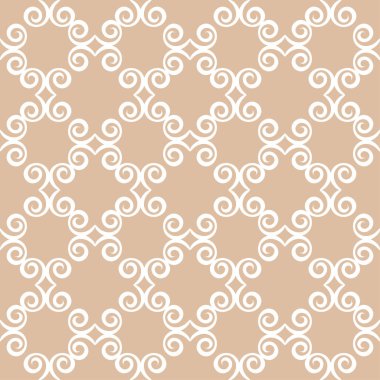 Bej renkli arka plan üzerinde beyaz çiçek süsleme. Tekstil ve duvar kağıtları için seamless modeli