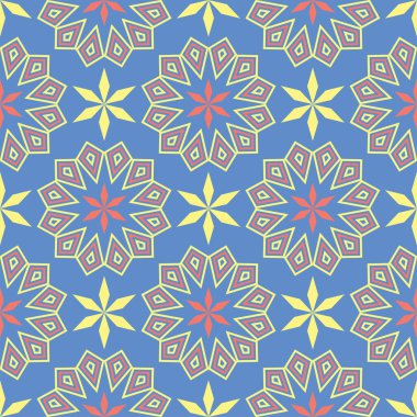 Mavi geometrik sorunsuz arka plan. Tasarım duvar kağıtları, Tekstil ve kumaş kırmızı ve sarı desenli parlak çok renkli