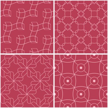 Geometrik desenler. Soluk kırmızı sorunsuz arka planlar kümesi. Vektör çizim