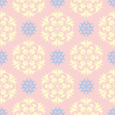 Çiçek soluk pembe seamless modeli mavi ve bej tasarımları ile. Arka plan duvar kağıtları, Tekstil ve kumaş için