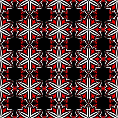 Sorunsuz çiçek desenli. Kırmızı, siyah zemin üzerine beyaz öğeleri
