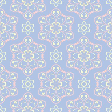 Çiçek seamless modeli. Soluk mavi arka plan duvar kağıtları, Tekstil ve kumaş için bej ve pembe çiçek öğeleri ile