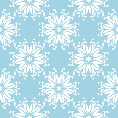 Mavi zemin üzerine beyaz çiçekler. Tekstil ve duvar kağıtları için süs seamless modeli