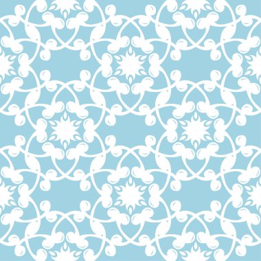 Mavi zemin üzerine beyaz çiçek süsleme. Tekstil ve duvar kağıtları için seamless modeli